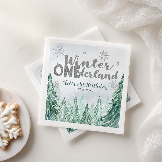 Winter Onederland First Birthday Snowflakes Forest Serviette