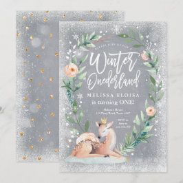 Winter ONEderland Floral Silver Woodland Geburtsta Einladung