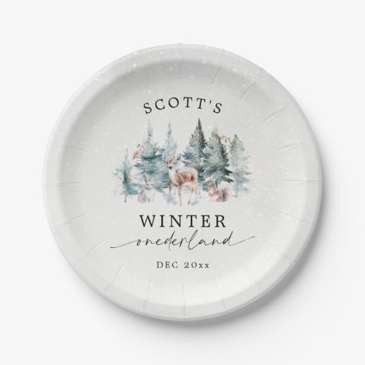 Winter ONEderland Forest Animals 1st Birthday Pappteller (Vorderseite)