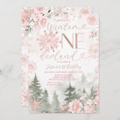 Winter Onederland Forest Pink Snowflake Birthday Einladung (Vorne/Hinten)