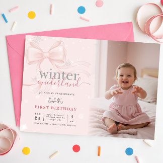 Winter ONEderland Foto Rosa Schleife Erster Geburt Einladung