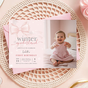 Winter ONEderland Foto Rosa Schleife Erster Geburt Einladung
