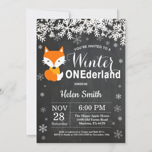 Winter Onederland Fox 1. Geburtstag Einladung (Vorderseite)