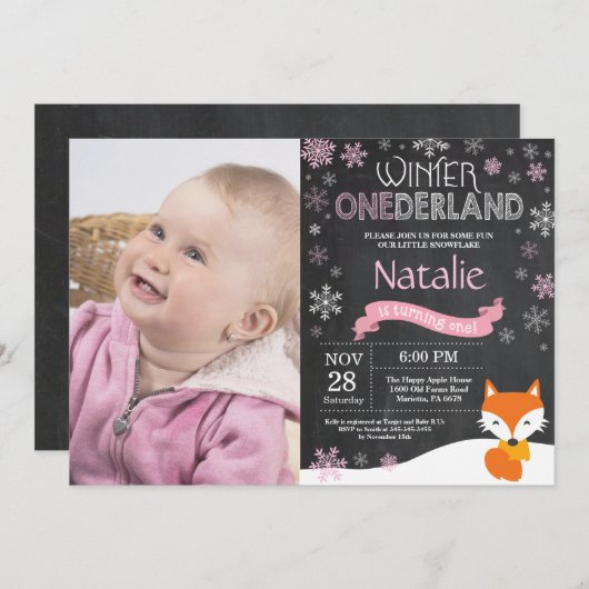 Winter Onederland Fox 1. Geburtstag Einladung (Vorne/Hinten)
