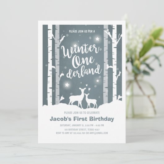 Winter Onederland Geburtstag einladen Hirschbäume Einladung (Stehend Vorderseite)