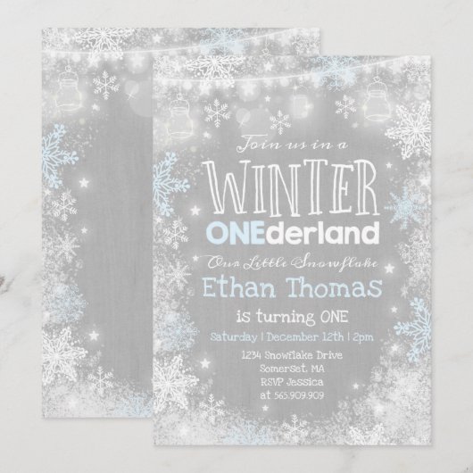 Winter ONEderland Geburtstag Einladung Blau Weiß (Vorne/Hinten)
