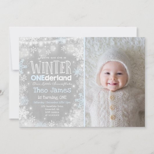 Winter ONEderland Geburtstag Einladung Blau Weiß (Vorderseite)
