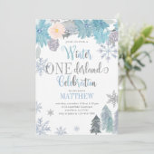 Winter ONEderland Geburtstag Einladung Blue Boy (Stehend Vorderseite)