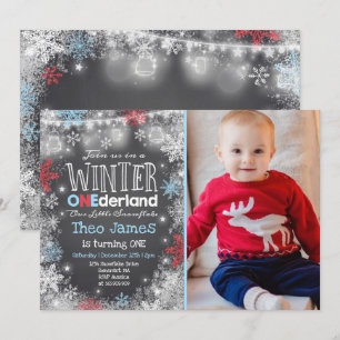 Winter ONEderland Geburtstag Einladung Blue Red