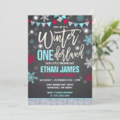 Winter ONEderland Geburtstag Einladung Blue & Red (Stehend Vorderseite)