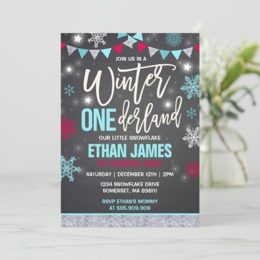 Winter ONEderland Geburtstag Einladung Blue & Red (Stehend Vorderseite)