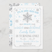 Winter ONEderland Geburtstag Einladung Blue Silver (Vorne/Hinten)