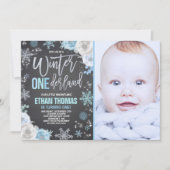 Winter ONEderland Geburtstag Einladung Blue Silver (Vorderseite)