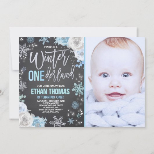 Winter ONEderland Geburtstag Einladung Blue Silver (Vorderseite)