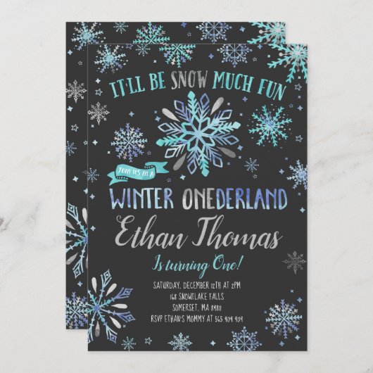 Winter ONEderland Geburtstag Einladung Blue Silver (Vorne/Hinten)