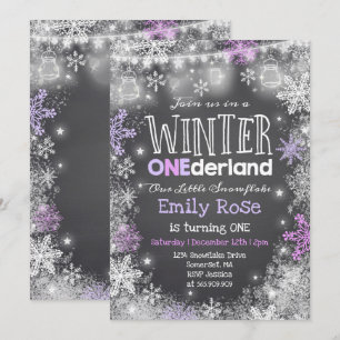 Winter ONEderland Geburtstag Einladung Lila Weiß