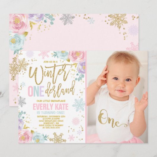 Winter ONEderland Geburtstag Einladung Pink Gold (Vorne/Hinten)