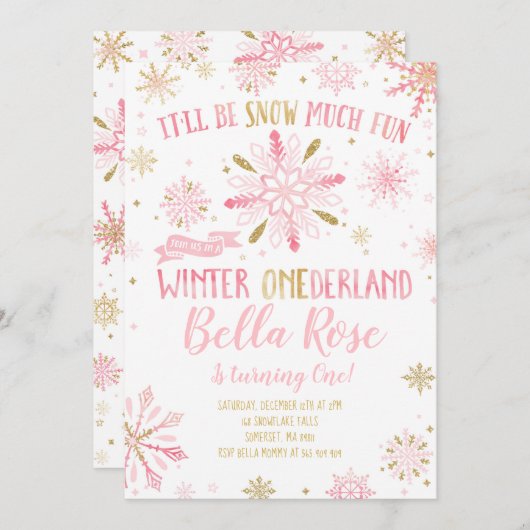 Winter ONEderland Geburtstag Einladung Pink Gold (Vorne/Hinten)
