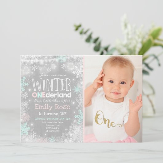 Winter ONEderland Geburtstag Einladung Pink Mint (Stehend Vorderseite)