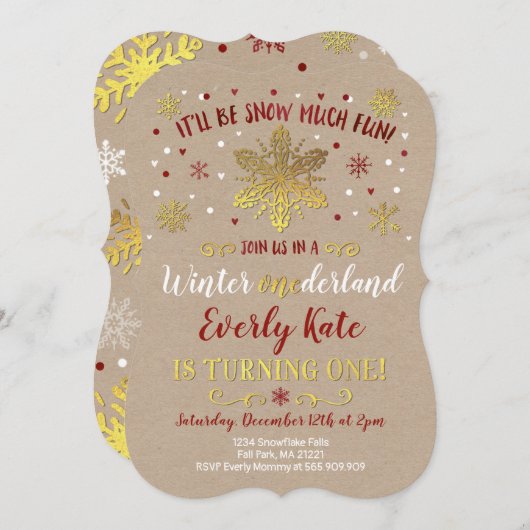 Winter ONEderland Geburtstag Einladung Red & Gold (Vorne/Hinten)