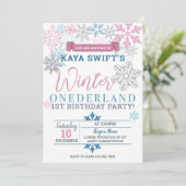 Winter Onederland Geburtstag Einladung Rosa & Blau (Stehend Vorderseite)