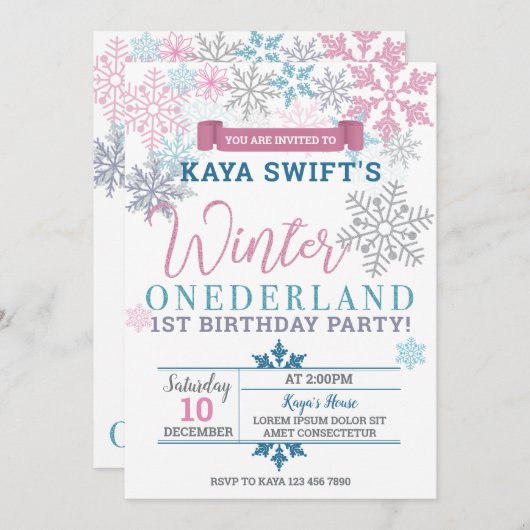 Winter Onederland Geburtstag Einladung Rosa & Blau (Vorne/Hinten)