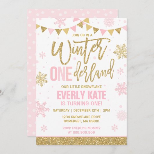 Winter ONEderland Geburtstag Einladung Rosa & Gold (Vorne/Hinten)
