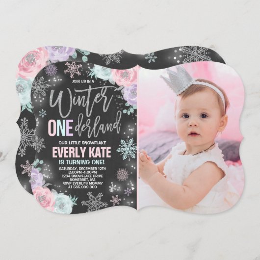 Winter ONEderland Geburtstag Einladung Rosa Silber (Vorne/Hinten)