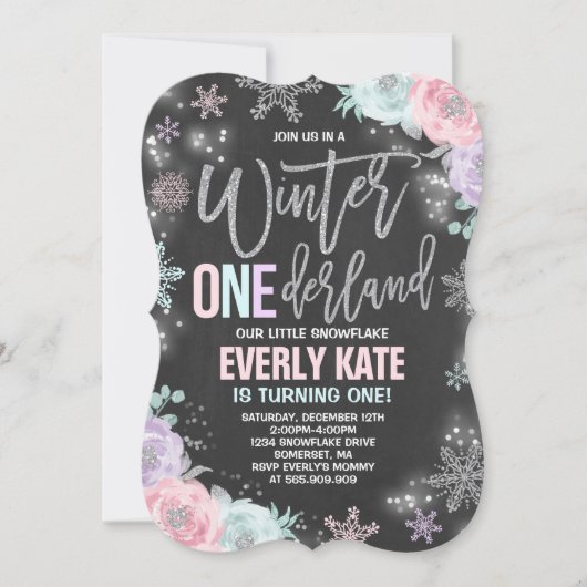Winter ONEderland Geburtstag Einladung Rosa Silber (Vorderseite)