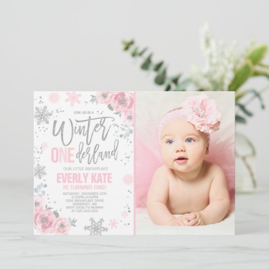 Winter ONEderland Geburtstag Einladung Rosa Silber (Stehend Vorderseite)