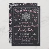 Winter ONEderland Geburtstag Einladung Rosa Silber (Vorne/Hinten)