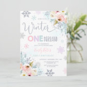 Winter ONEderland Geburtstag Einladung Silber Rosa (Stehend Vorderseite)