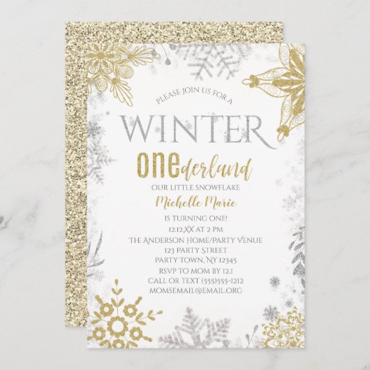 Winter Onederland Geburtstag Silver Gold Snowflake Einladung (Vorne/Hinten)