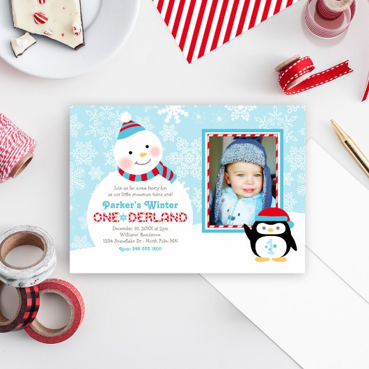 Winter ONEderland Geburtstag Snowman Pinguin Foto Einladung