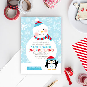 Winter ONEderland Geburtstag Snowman und Pinguin Einladung