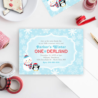 Winter ONEderland Geburtstag Snowman und Pinguin Einladung
