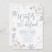 Winter ONEderland Geburtstag Weiß und Silberblume Einladung (Vorderseite)