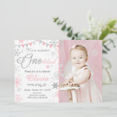 Winter Onederland Geburtstagseinladung Rosasilber Einladung (Stehend Vorderseite)