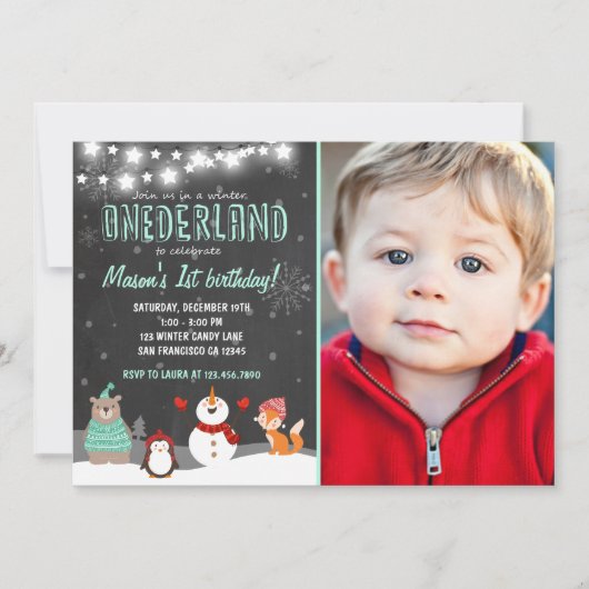 Winter ONEderland Geburtstagsparty Einladung Mint (Vorderseite)