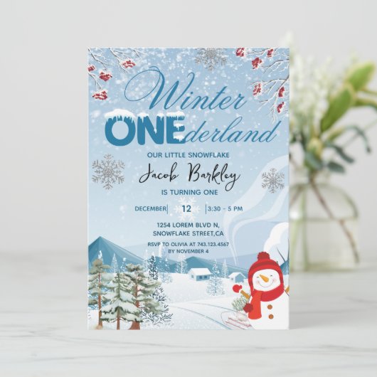 Winter ONEderland geschlechtsneutral 1. Geburtstag Einladung (Stehend Vorderseite)