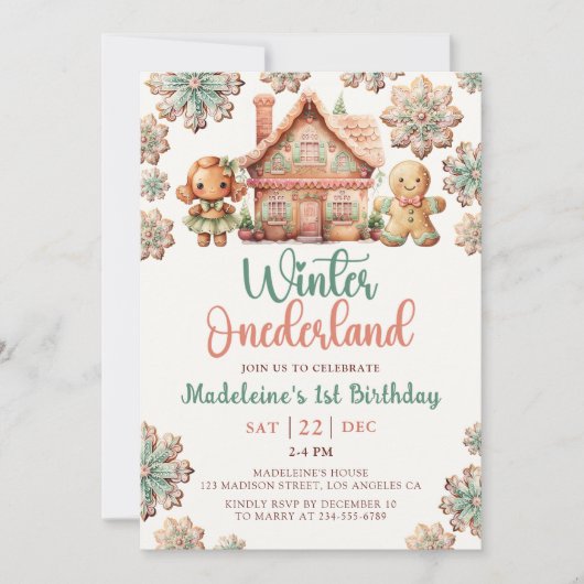 Winter Onederland Gingerbrot Weihnachten Geburtsta Einladung (Vorderseite)