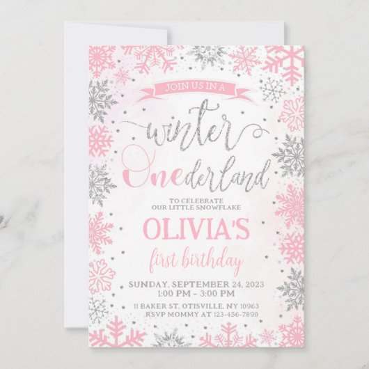 Winter Onederland Girl 1. Geburtstag Einladung (Vorderseite)