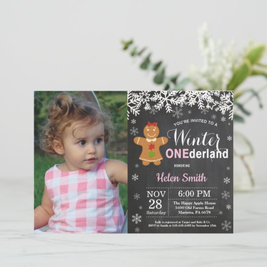Winter Onederland Girl 1. Geburtstag Einladung (Stehend Vorderseite)