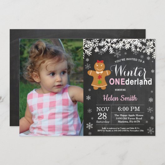Winter Onederland Girl 1. Geburtstag Einladung (Vorne/Hinten)
