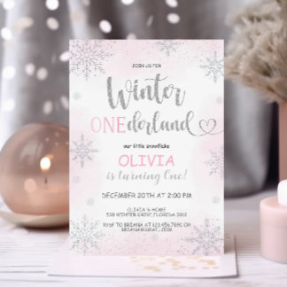Winter Onederland Girl Birthday Pink Einladung
