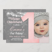 Winter Onederland Girl Gray Snowflake Geburtstag Einladung (Vorne/Hinten)
