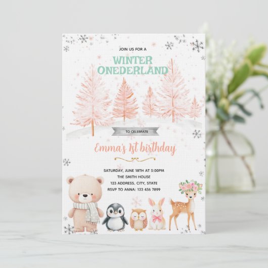 Winter Onederland girl invitation Einladung (Stehend Vorderseite)