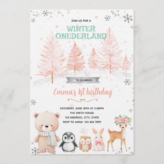 Winter Onederland girl invitation Einladung (Vorderseite)