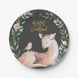 Winter ONEderland Gold Greenery Deer Woodland Pappteller