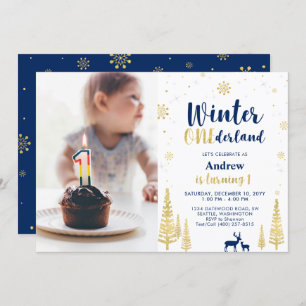 Winter Onederland, Gold & Navy Boy 1. Geburtstag Einladung